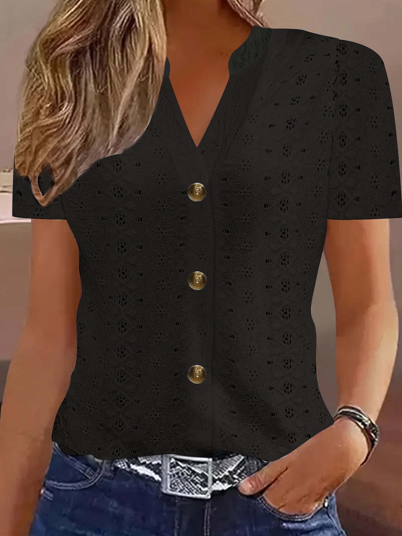 Women's Clothes Fashion Casual Solid Color Buttons Women's T-shirt
