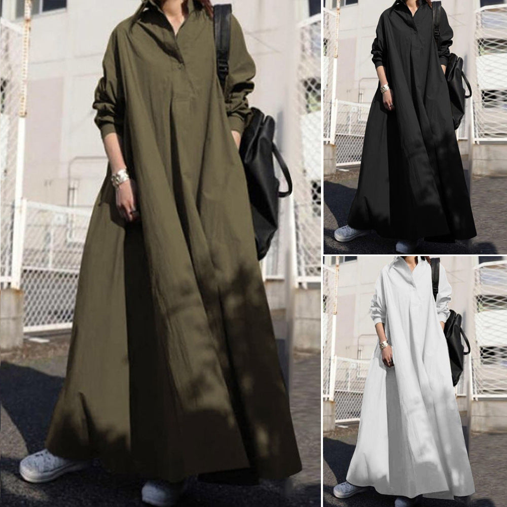 Women's Loose Long Sleeve Big Hem Solid Color Cotton Dress