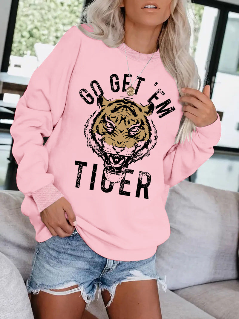 Women's Round Neck Tiger Head Portrait Printing Stylish Tops