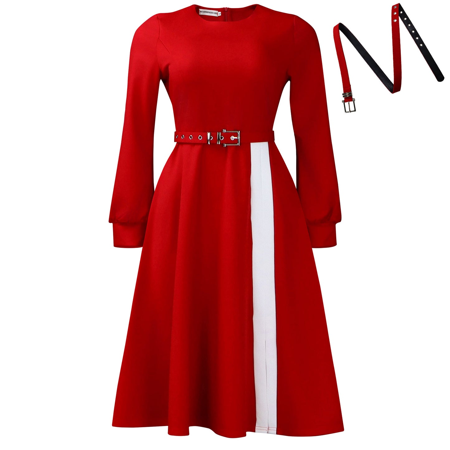 Women's Long Sleeve Round Neck Solid Color High Waist Dress