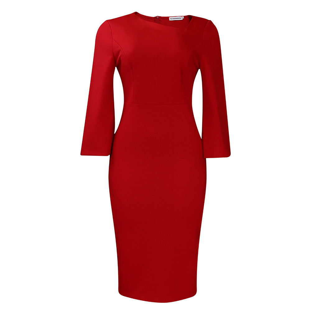Women's Diagonal Collar Long Sleeve Fashion Temperament Dress