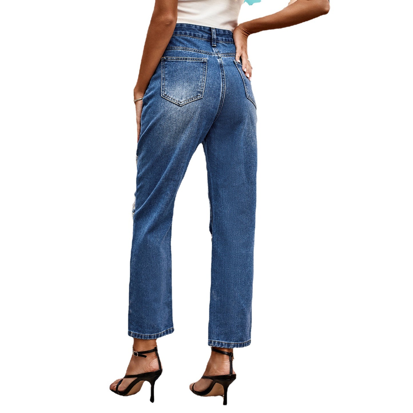 Women's Wash Ripped Straight Denim Tide Women's Jeans