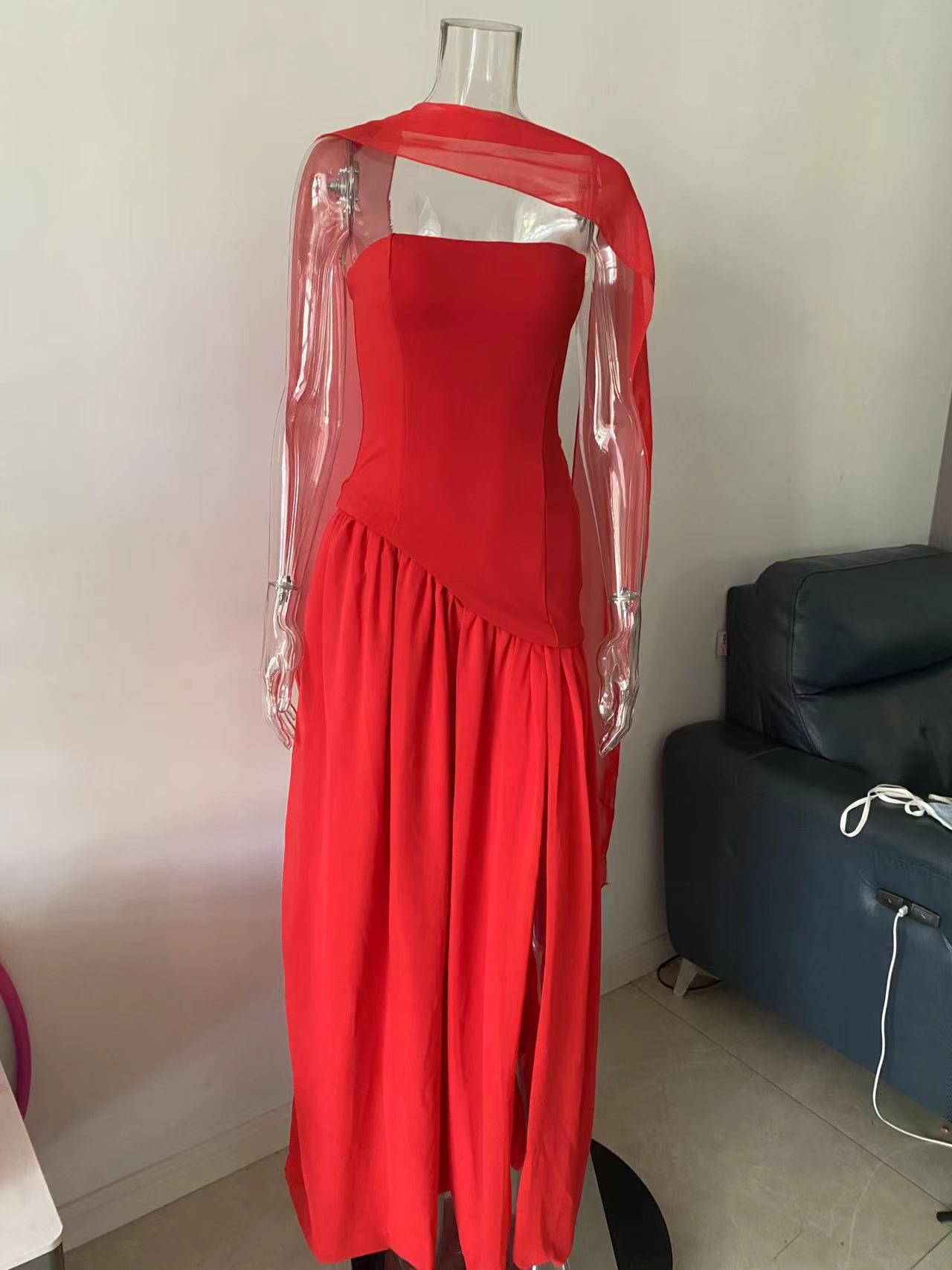Elegant Contrast Color Tight Zipper Irregular Slit Dresses