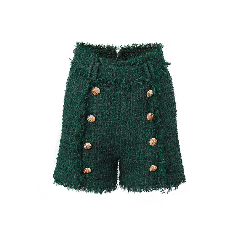 Dark Green Woolen Tassel Design High Waist Suits