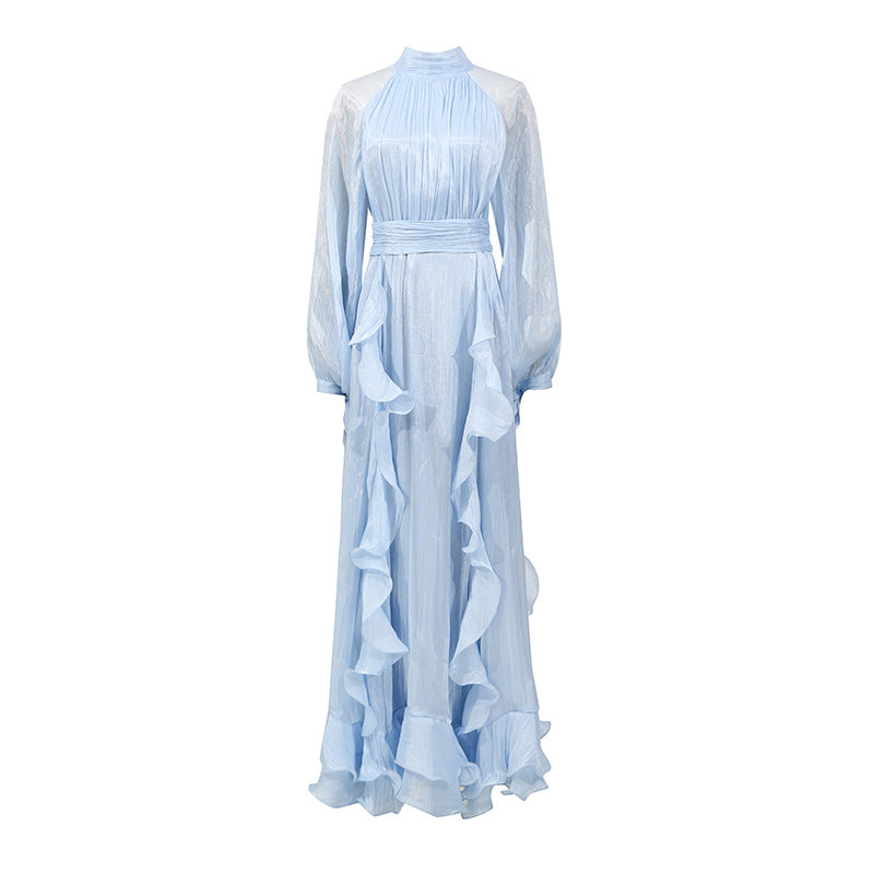 Women's Summer Stand-up Collar Puff Sleeve Pleated Dresses