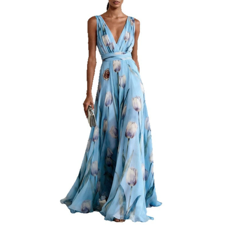 Women's Tulip Print Sleeveless Chiffon Maxi Dress