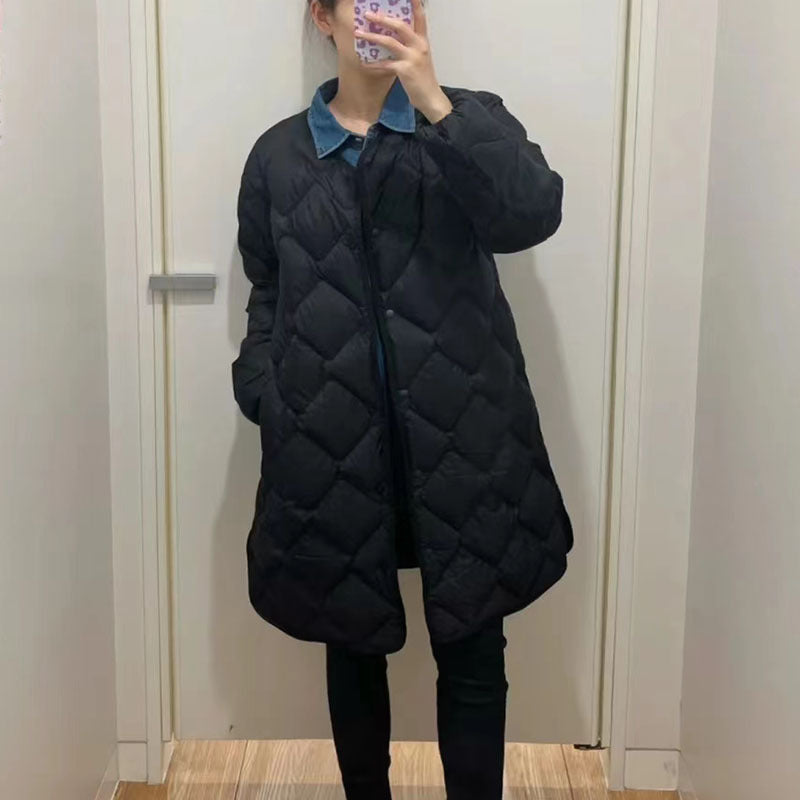 Women's Mid-length White Duck Rhombus Round Neck Jackets