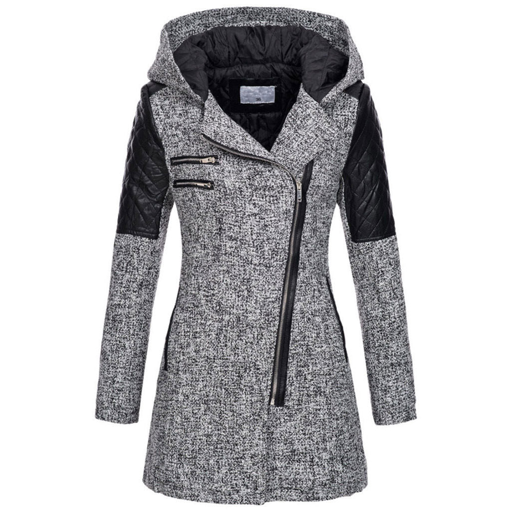 Women's Mid-length Hooded Loose Oblique Zipper Woolen Blazers