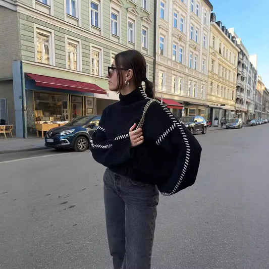 Women's Street Fashion High Collar Contrast Color Sweaters