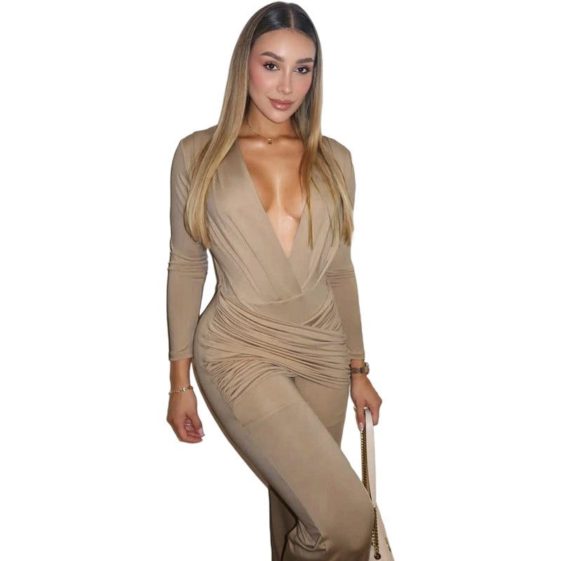 Women's Autumn Fashion Sexy Deep V Long-sleeved Jumpsuits