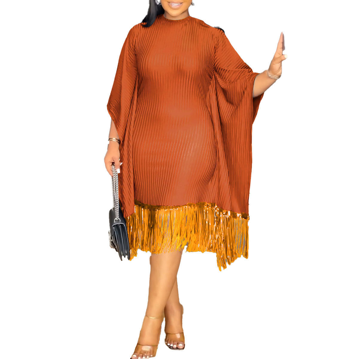Sequined Tassel Batwing Sleeve Elastic Hip Dress