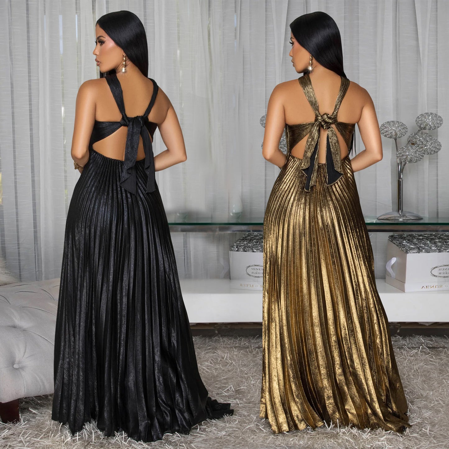 Women's Wear Elegant High-grade Long Gilding Solid Dresses