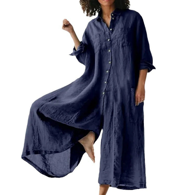 Women's Color Casual Long Sleeves Mid-length Cotton Jumpsuits