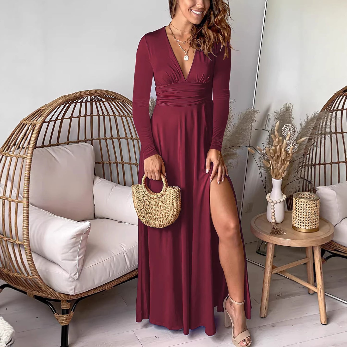 Smocking High Waist Slit Club Party Dress
