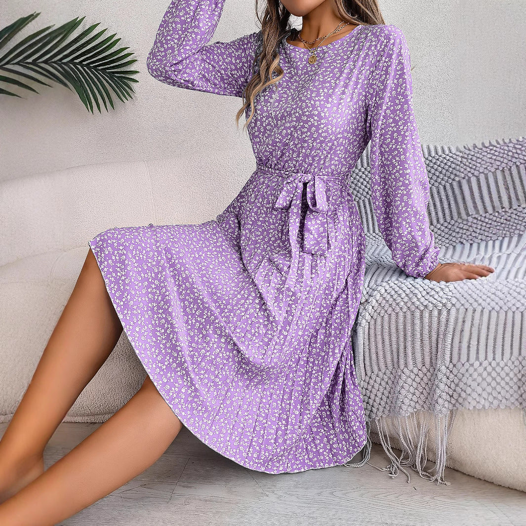 Women's Casual Long-sleeved Floral Print Pleated Dress