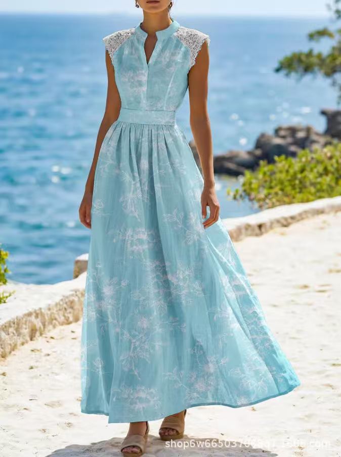 Women's Summer Printed Shoulder Lace Sleeveless Dress