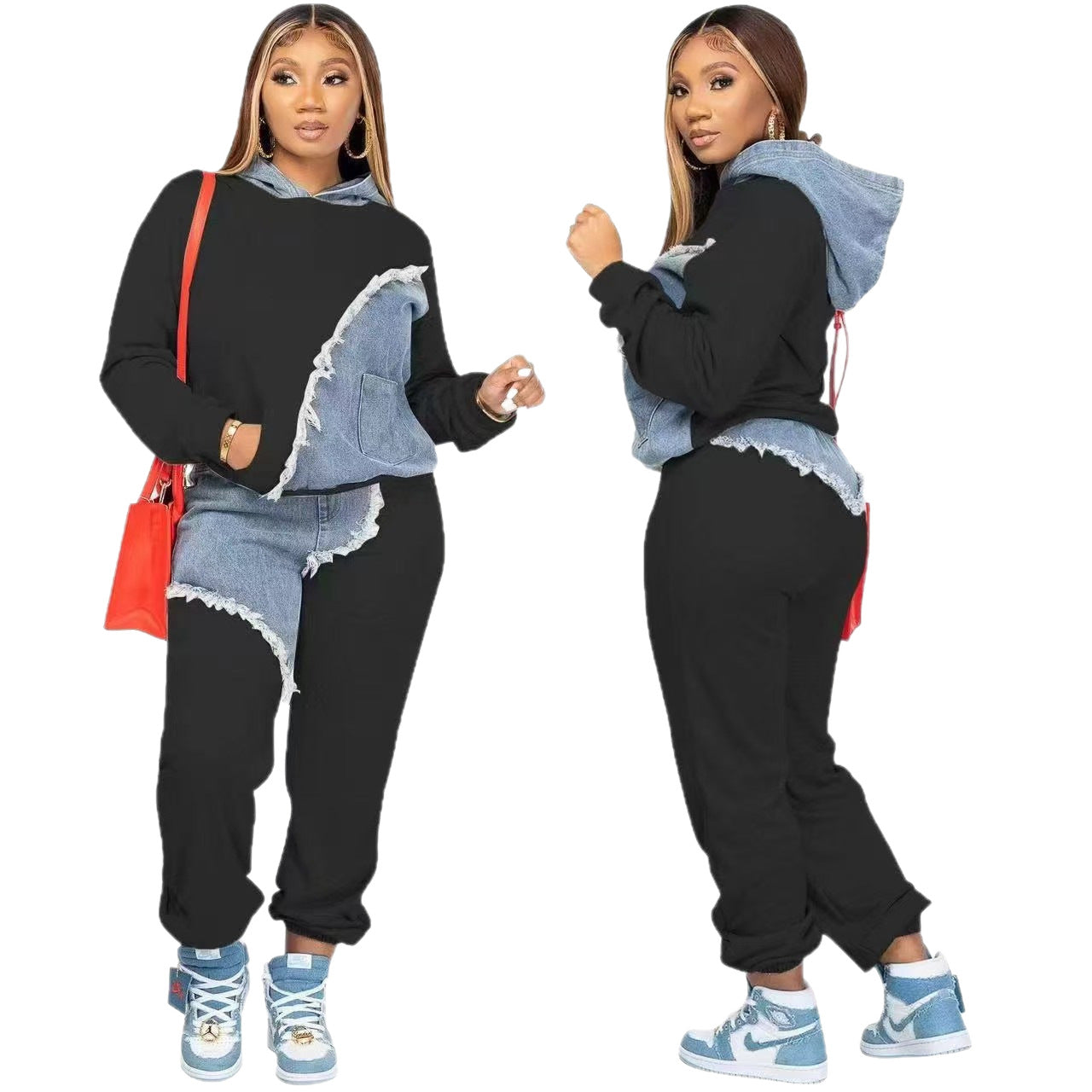 Women's Sports Fashion Casual Denim Stitching Hooded Suits