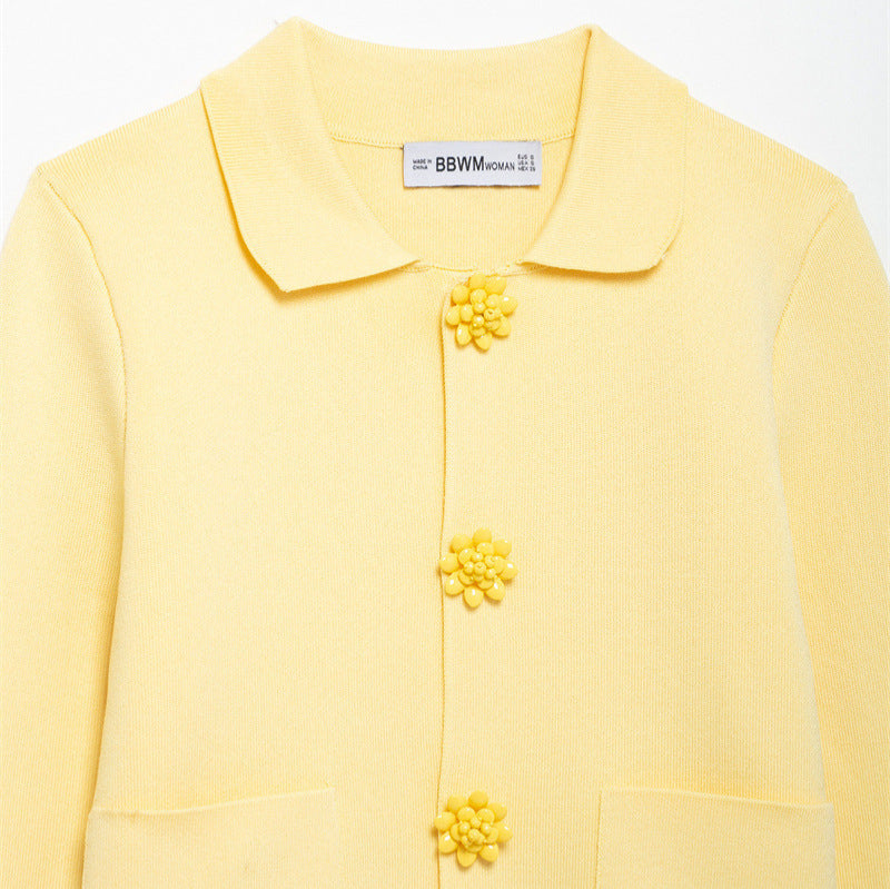 Women's Beaded Decorated Row Button Lapel Plain Sweaters