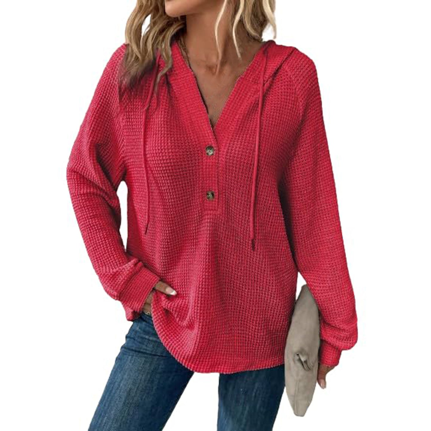 Women's Color Waffle Hooded Button Loose Long Women's Sweater, Sweater