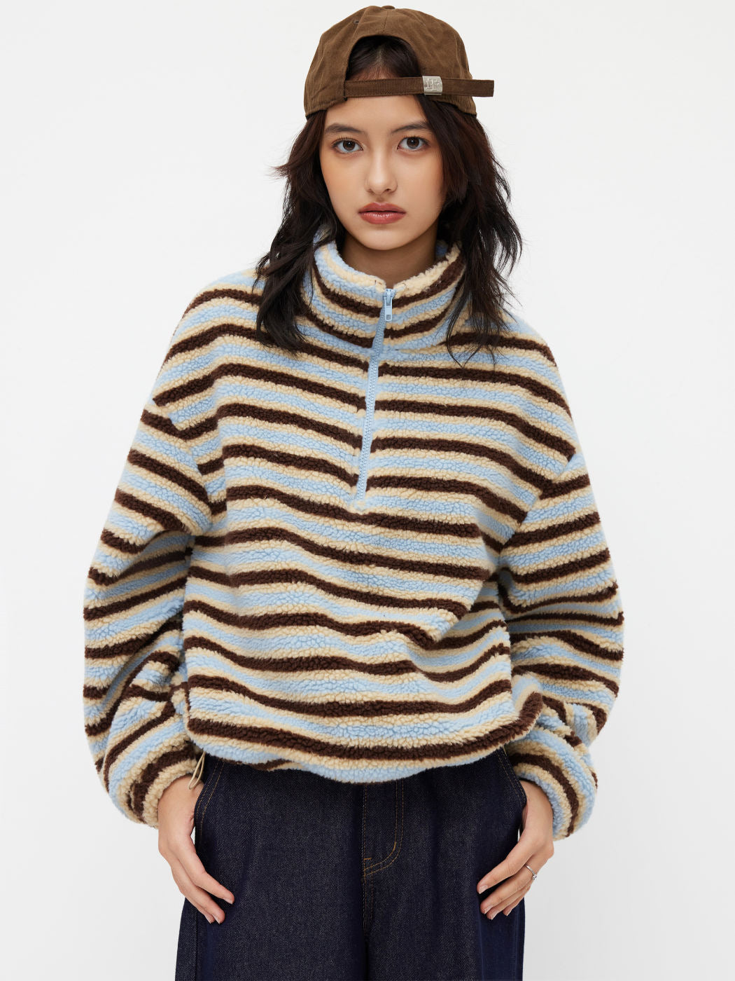 Women's Casual Contrast Color Striped Zipped Stand Collar Warm Coats