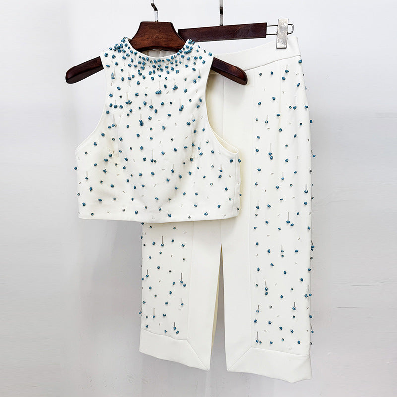 Stylish Glamorous Bead Split Two-piece Set Fashion Casual Suit
