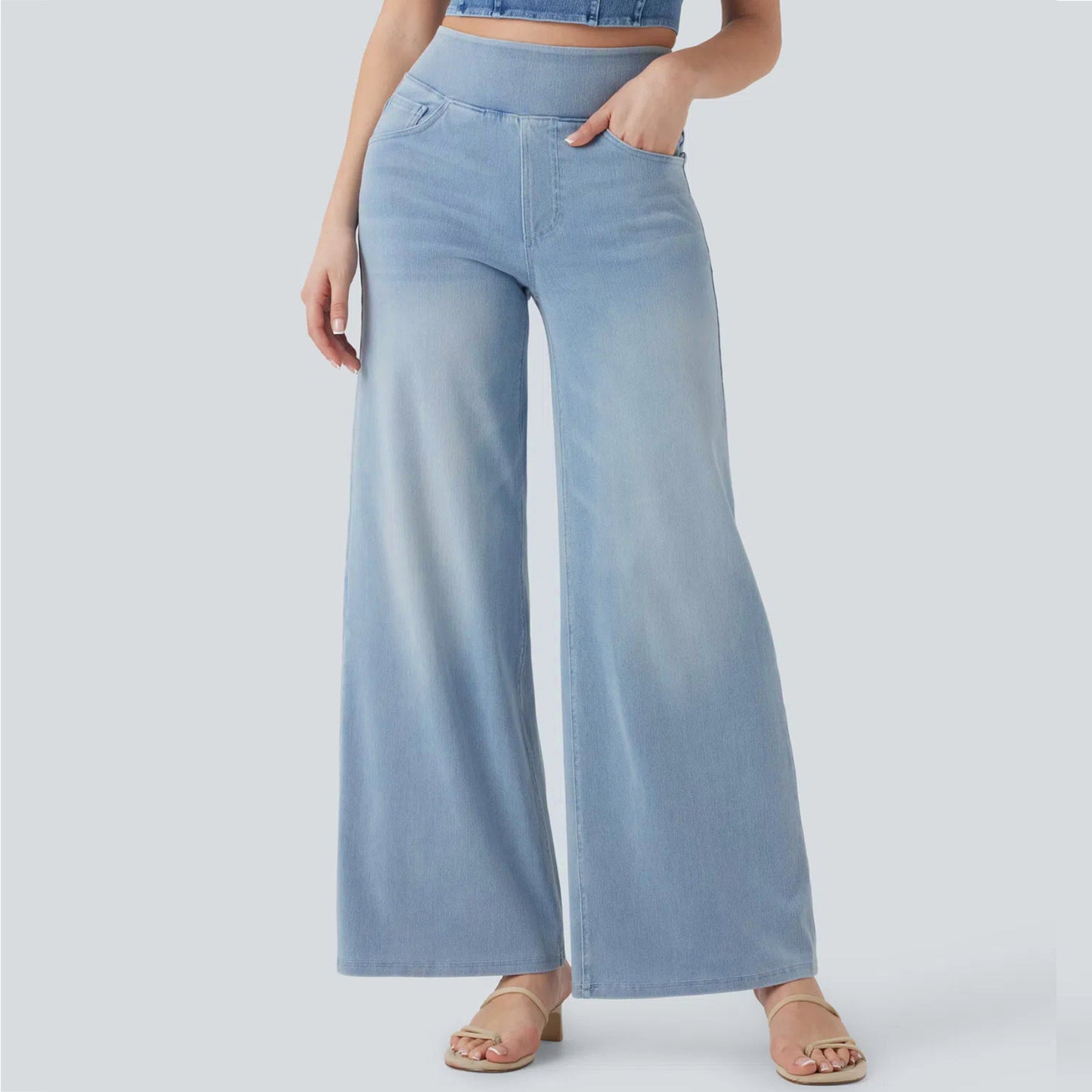 Women's Waist Wide Leg Elastic Straight Slimming Loose Jeans