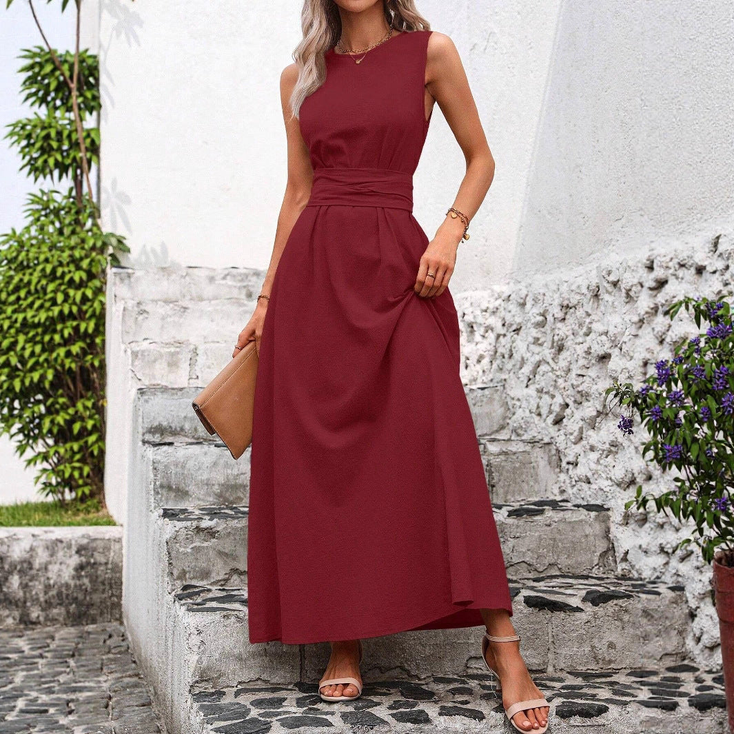 Women's Solid Color Round Neck Waistline Sleeveless Comfort Casual Vacation Dress