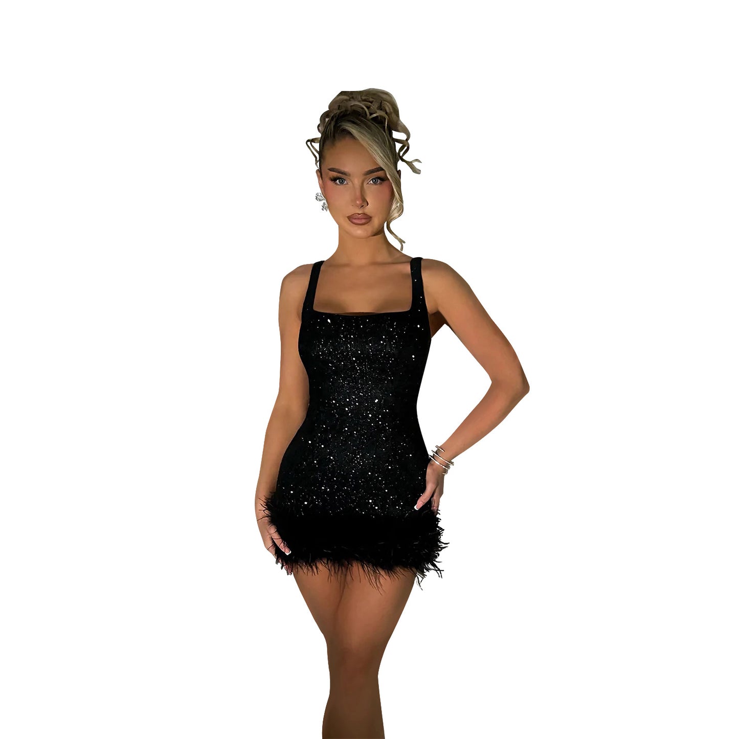 Women's Fashion Wear Sequin Feather Suspender Dress Dresses