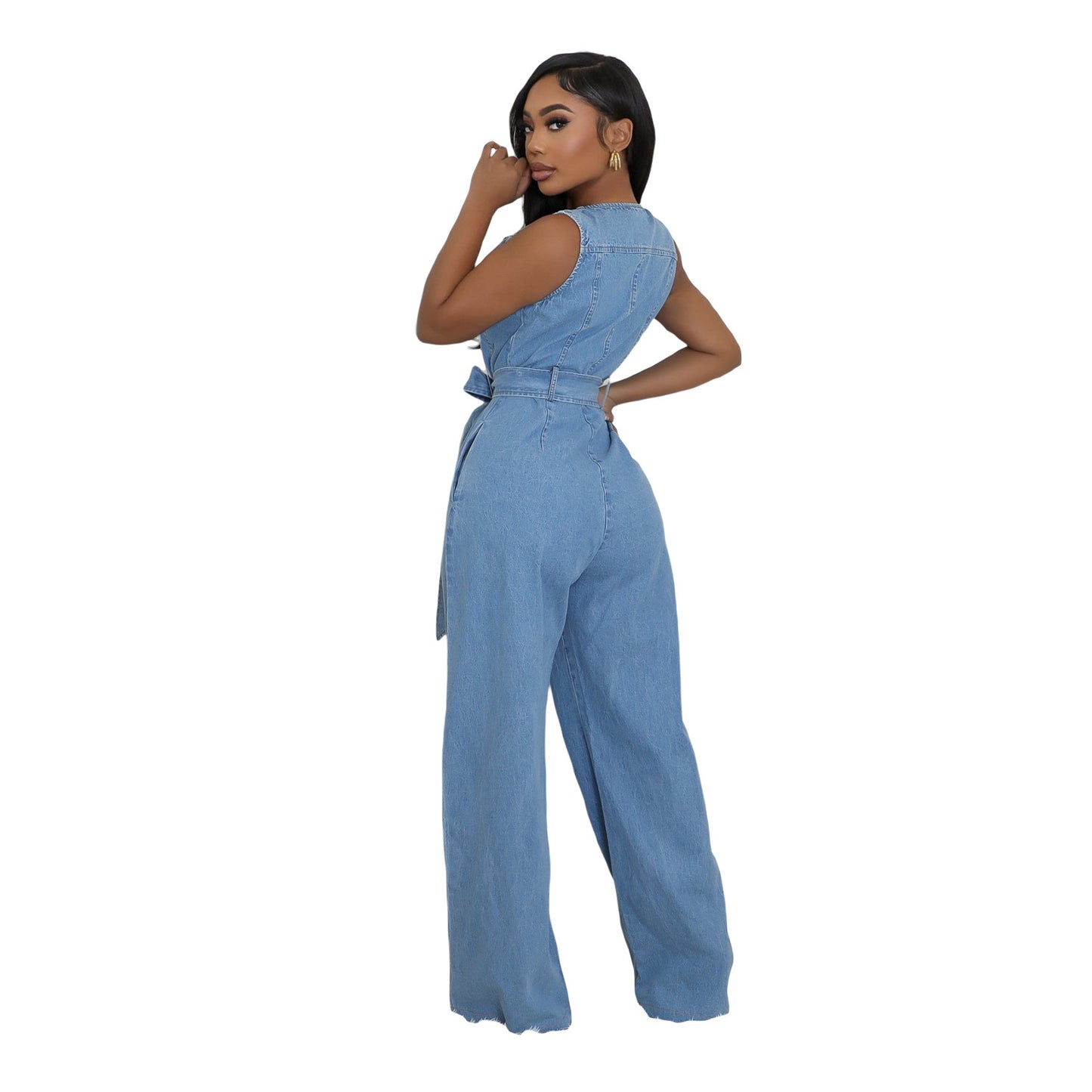 Tight Waist Slim Elastic Washing Denim Jumpsuits