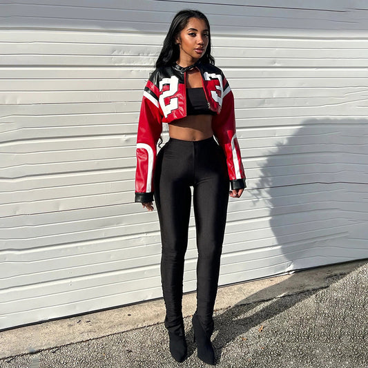 Women's Summer Fashion Motorcycle Contrast Color Embroidery Jackets