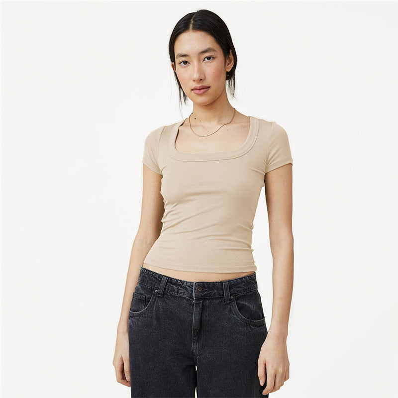 Women's Summer Cropped Slim Fit Square Collar Short-sleeved Thread Vests