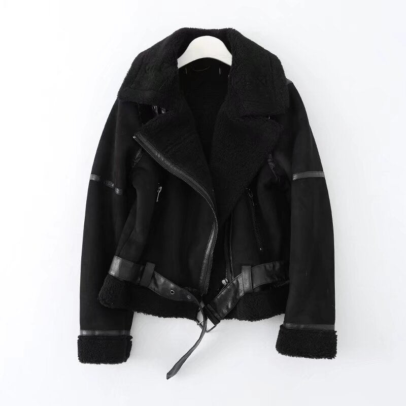 Women's Large Lapel Thickened Motorcycle Suede Fur Jackets