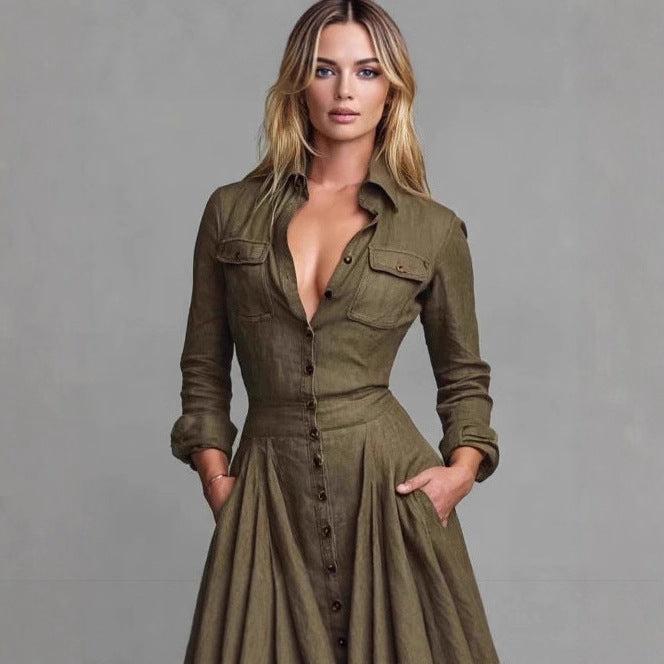 Women's Long Sleeve Lapel Dress Elegant High Waist Slimming Dresses