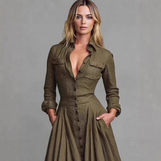 Women's Long Sleeve Lapel Dress Elegant High Waist Slimming Dresses
