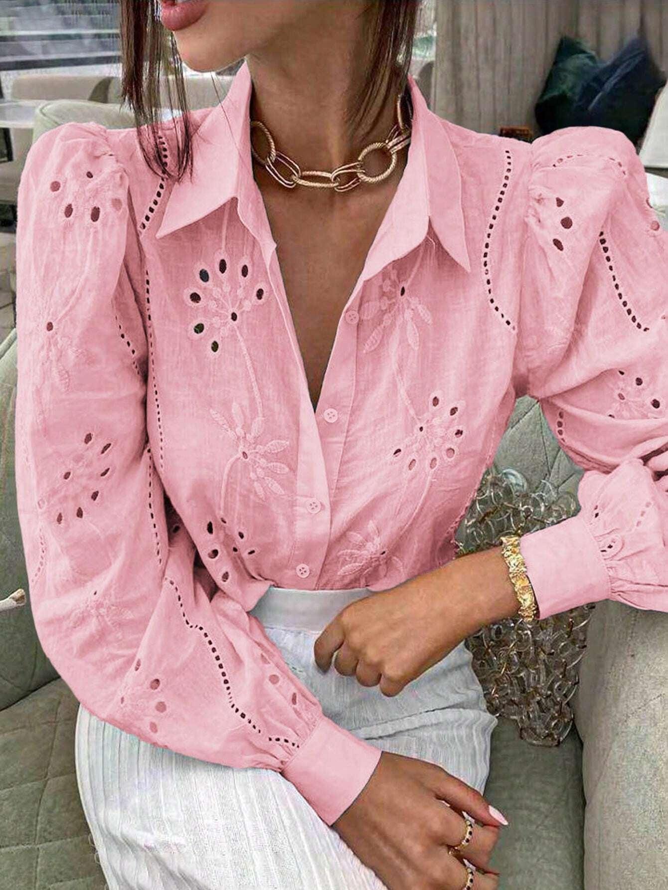 Women's Single-breasted Solid Color Embroidered Long-sleeved Lapel Sweaters