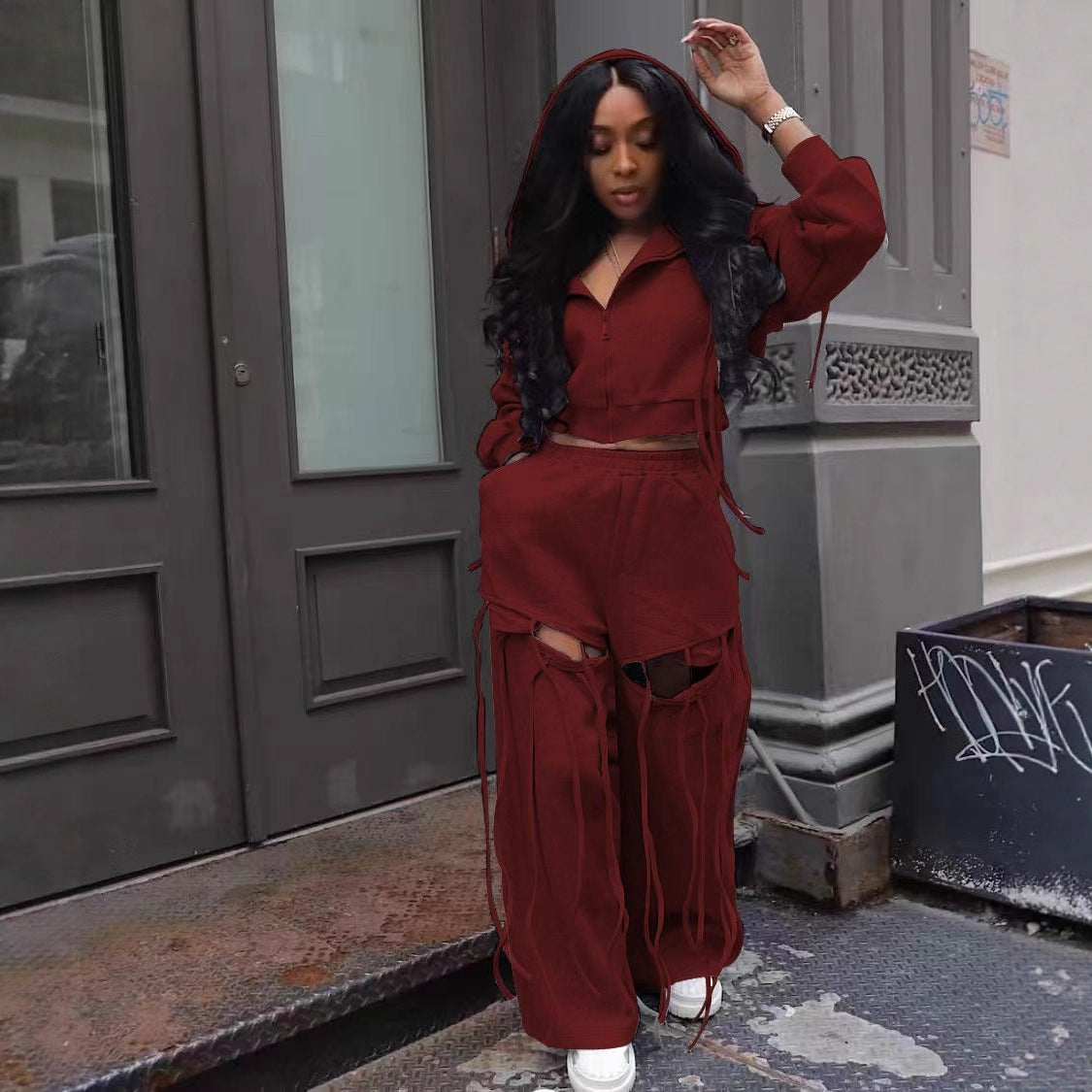 Women's Fashion Loose Hole Wide Leg Versatile Personality Hooded Suits