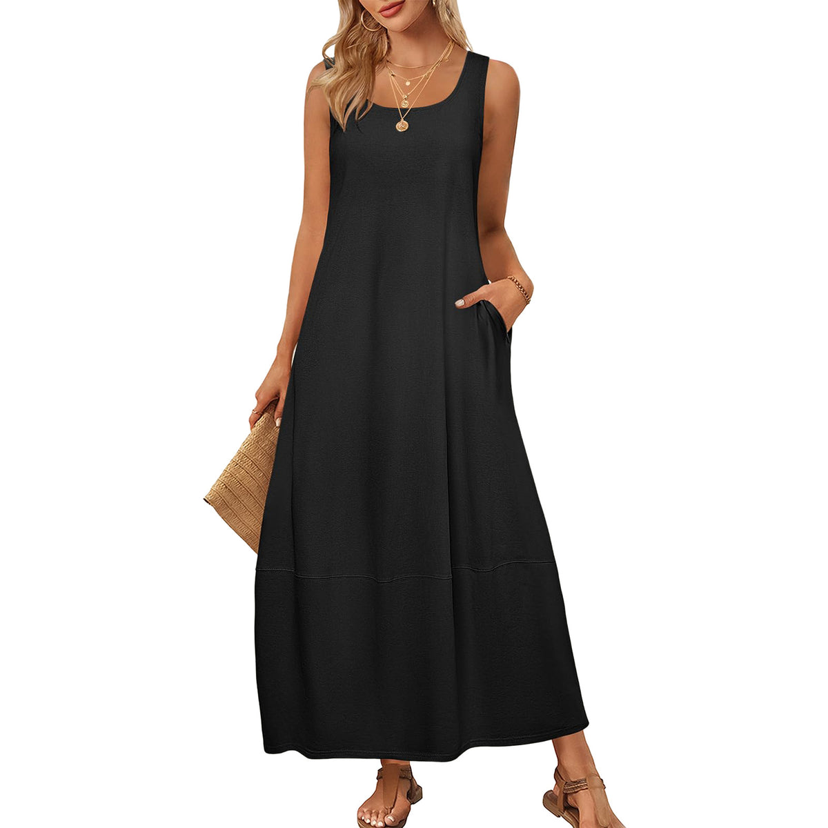 Women's Solid Color Pocket Sleeveless Casual Holiday Dress