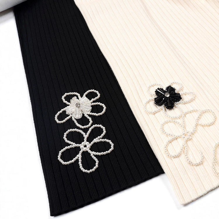 Women's Beige Autumn Design Pearl Flower Straight Pants