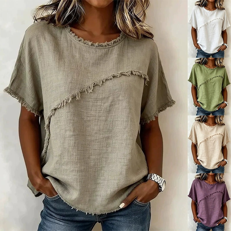 Women's Neck Casual Raw Edge Panel Loose Women's T-shirt