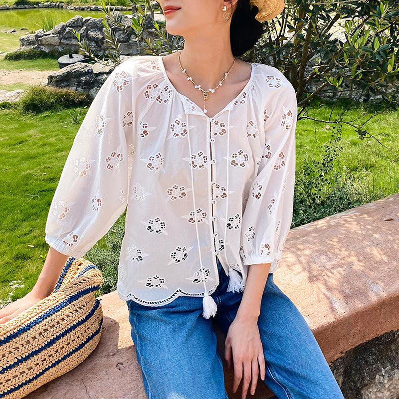 Women's French Embroidery Hollow Out White Shirt Tops