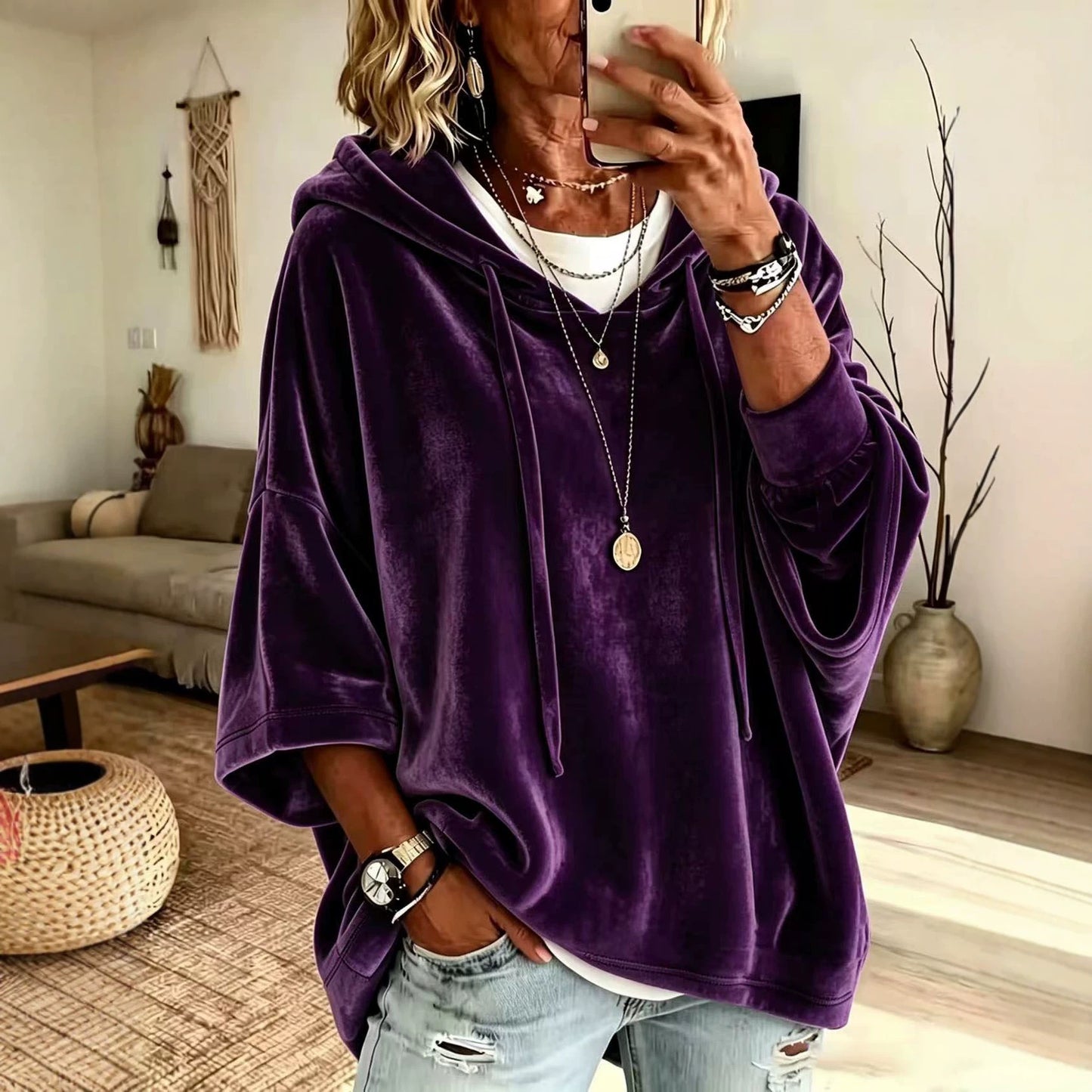 Women's Solid Color Casual Gold Veet Hooded Tops