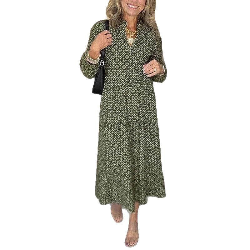 Collar Sleeve Digital Printing Diamond Pattern Dress