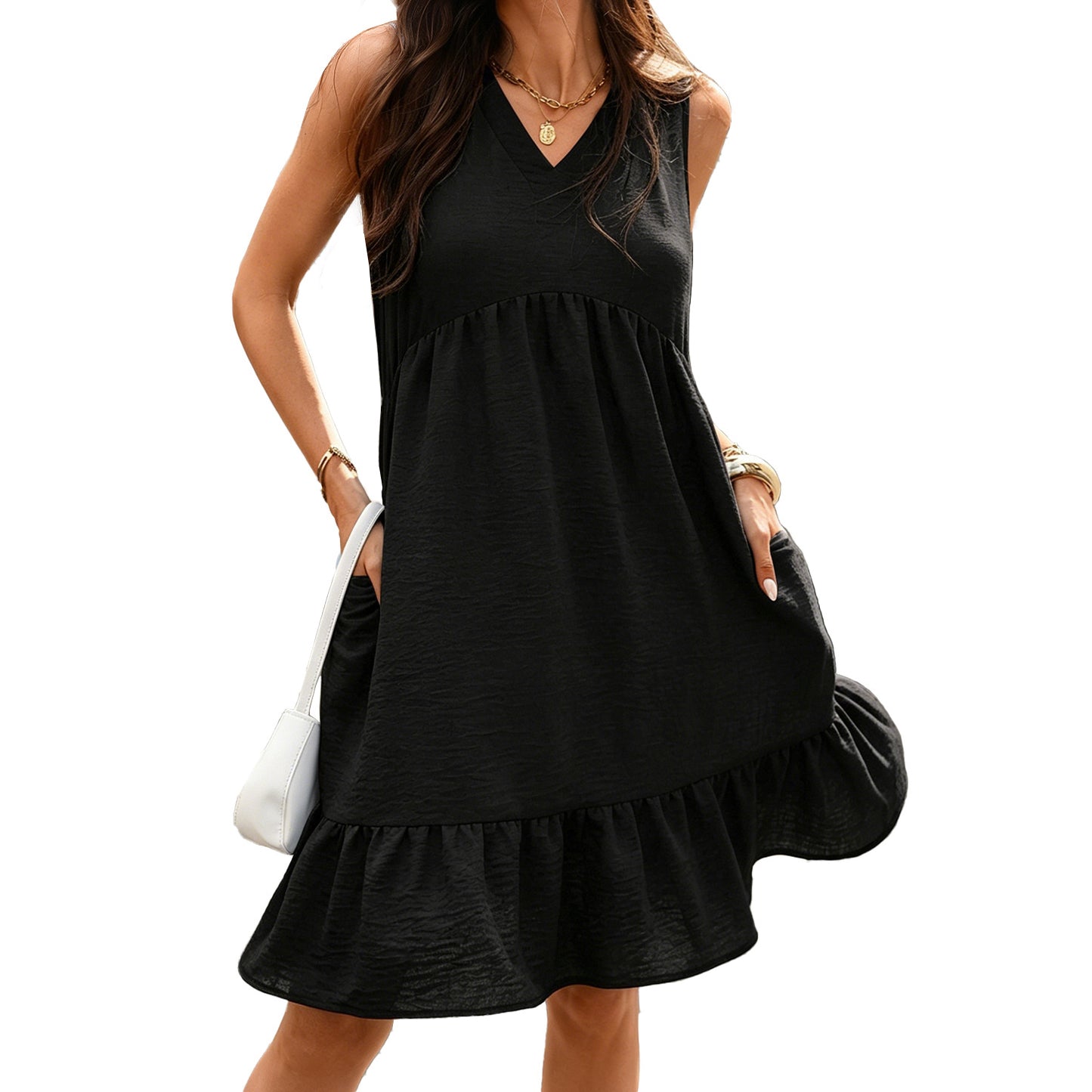 Solid Color Loose Pockets Pleated Sleeveless Dress
