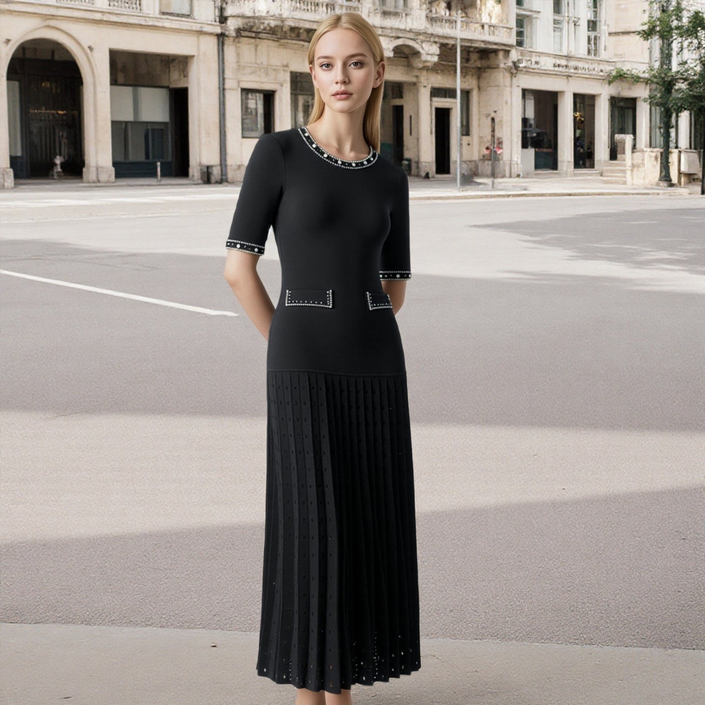 French Style Short-sleeved Elegant Dress Pearl Coats