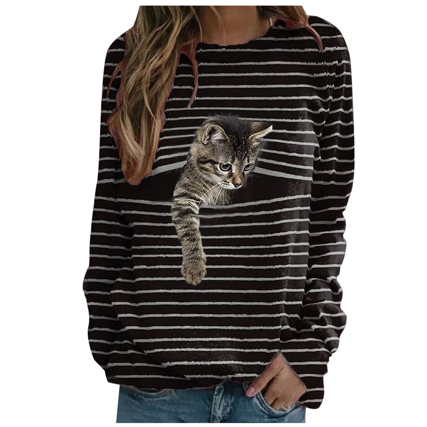 Women's Cat Printing Casual Long Sleeve Striped Women's T-shirt