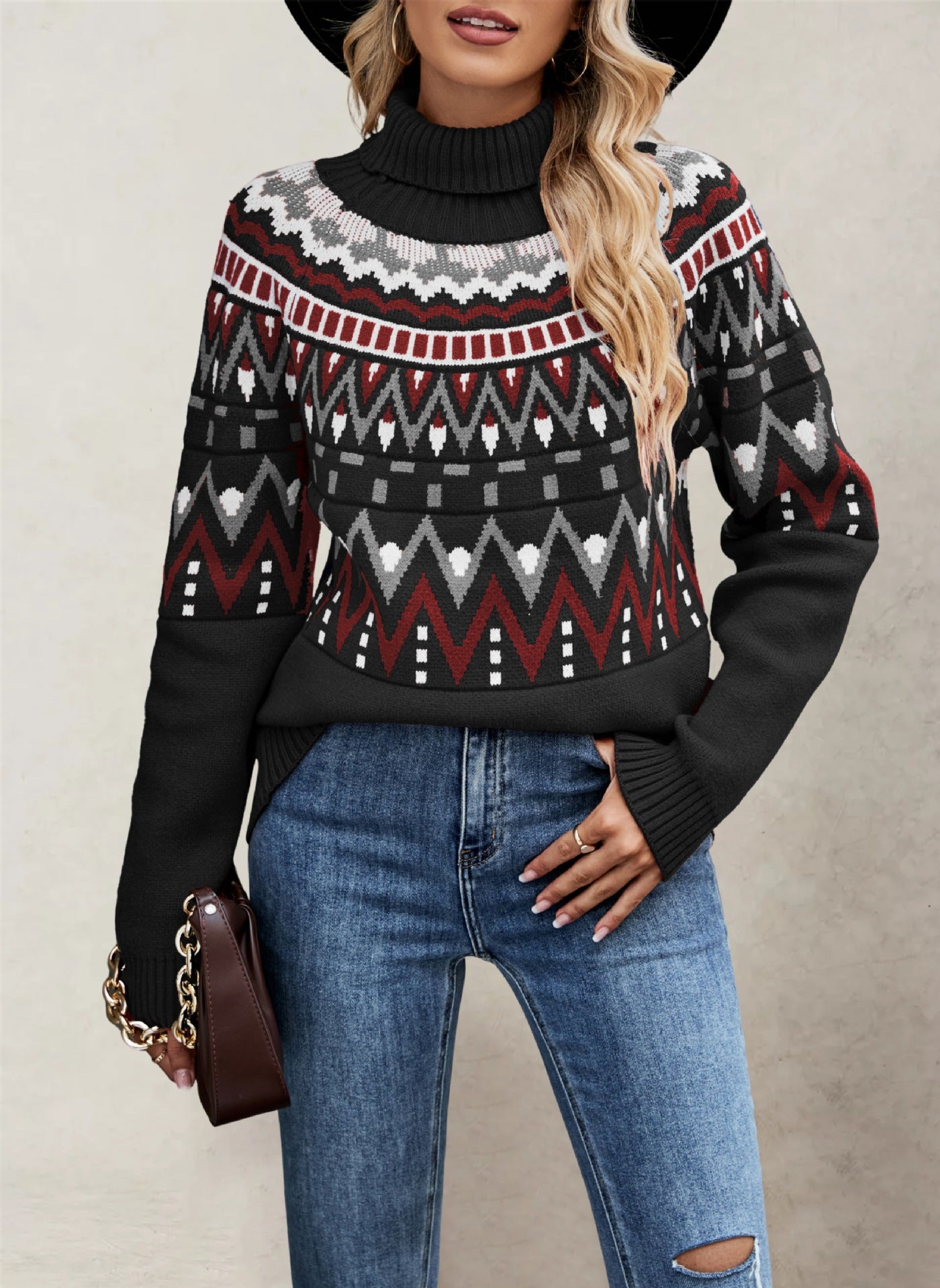 Women's Retro Patchwork Contrast Color High Collar Sweaters