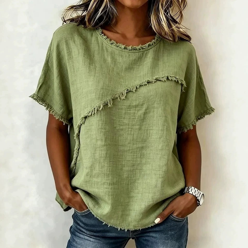 Women's Neck Casual Raw Edge Panel Loose Women's T-shirt