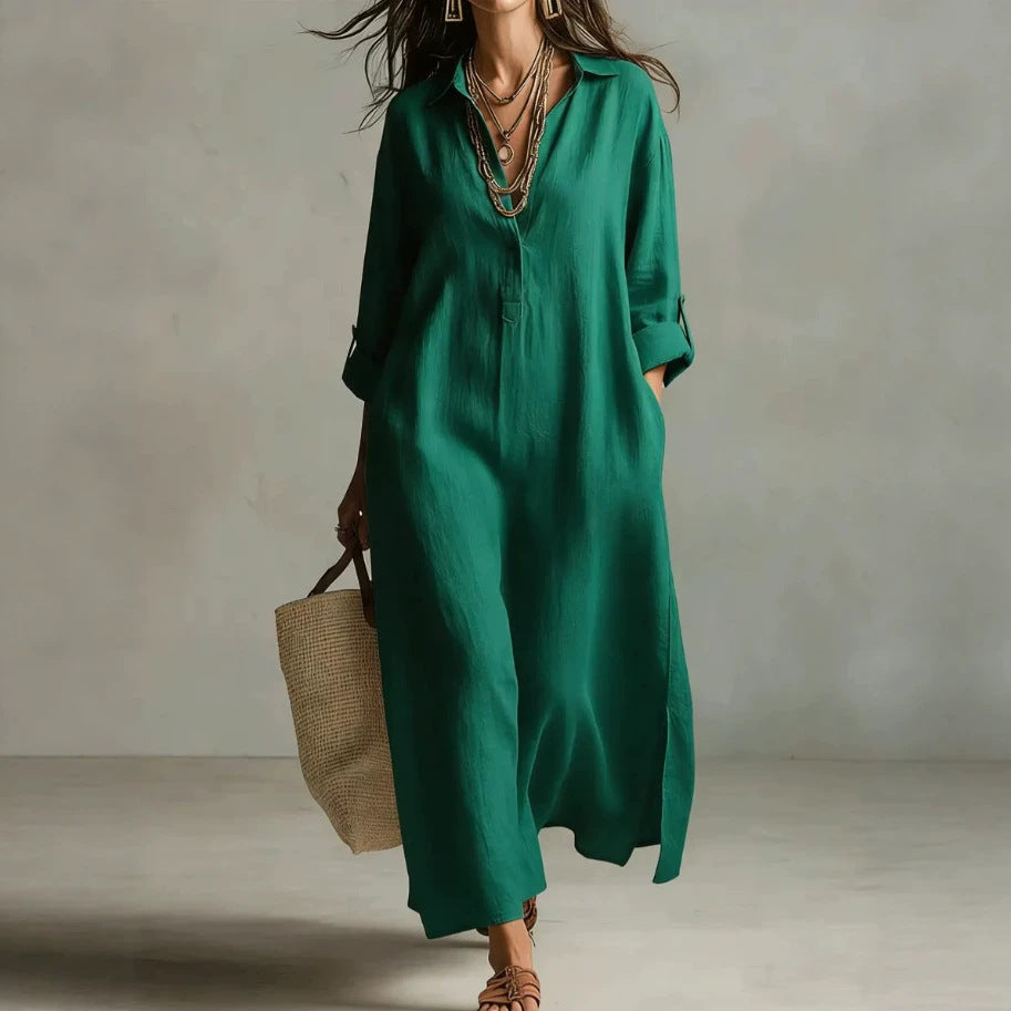 Cotton Linen Dress Solid Color Polo Collar Long Sleeve Fashion Casual Suit