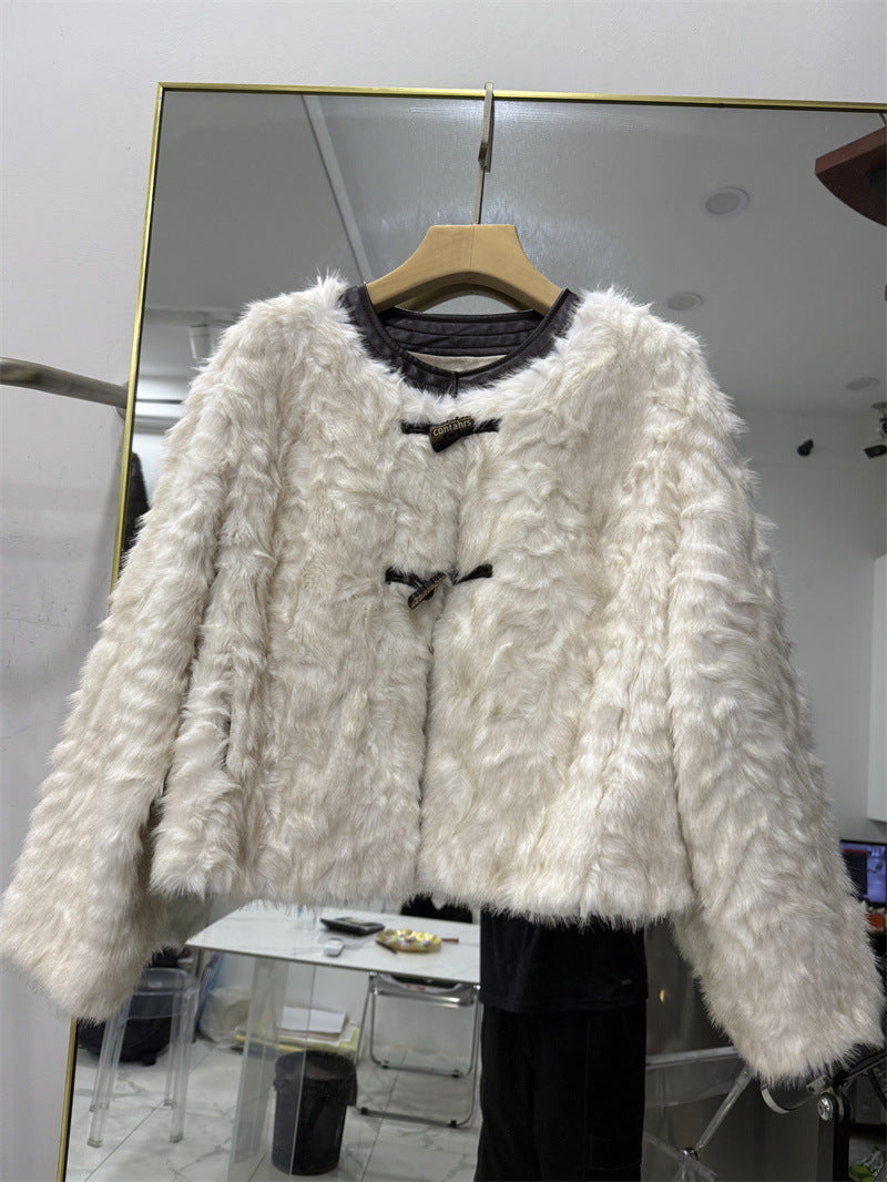 French Design Temperament Crew Neck Furry Imitation Coats