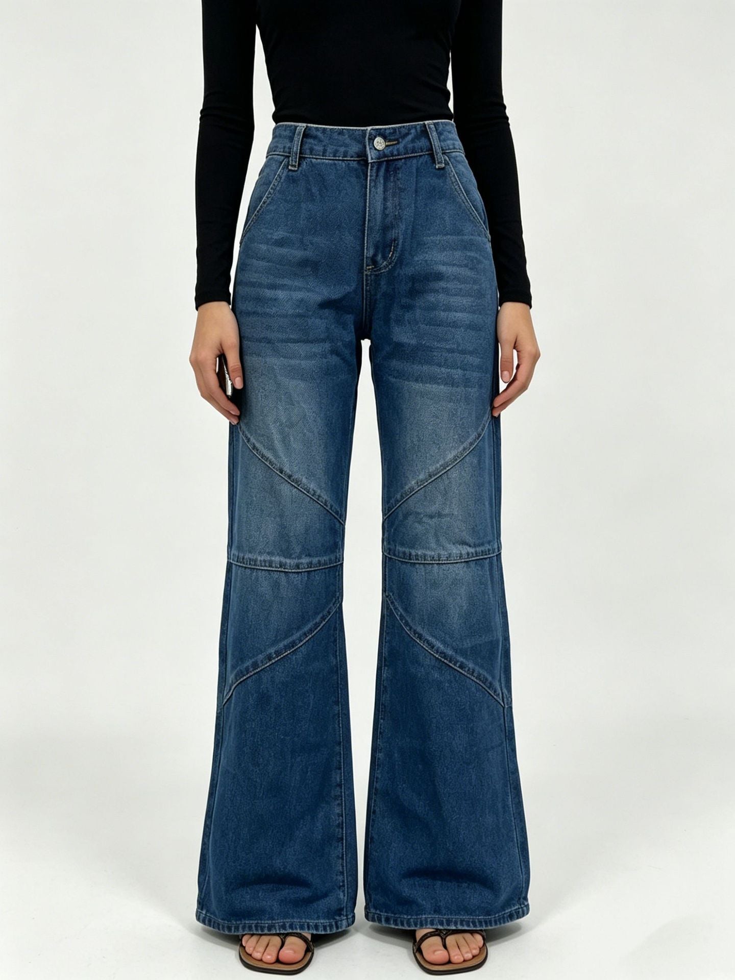 Women's Fashionable Pleated Washed High Street Straight Jeans